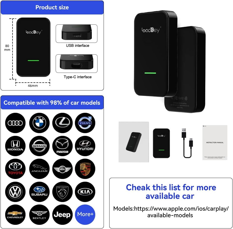 New Version Wireless Carplay Adapter Dongle for Factory Apple Carplay Cars,Fit for Iphone 6 or Newer,Auto-Connection,Over-The-Air Upgrade,Car Link Convert Your Factory Carplay to Wireless