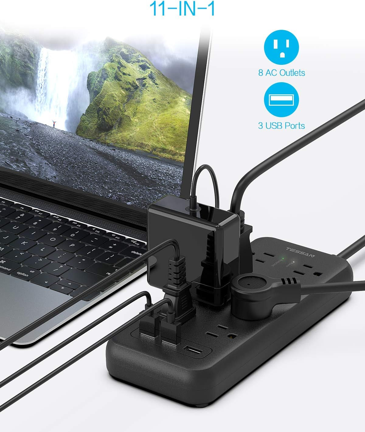 Surge Protector Power Strip,  8 Outlets and 3 USB Ports 5Ft Long Extension Cord Flat Plug, 1875W/15A, 1700 Joules, Wall Mountable for Home, Office, School and Dorm Room Essentials, Black