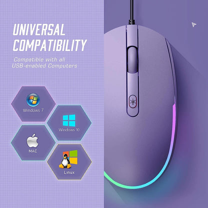 Wired Mouse - USB Computer Mice Wired with RGB Backlit Optical LED Mouse with Attached USB Cord for Laptops Notebooks Chromebook - Purple