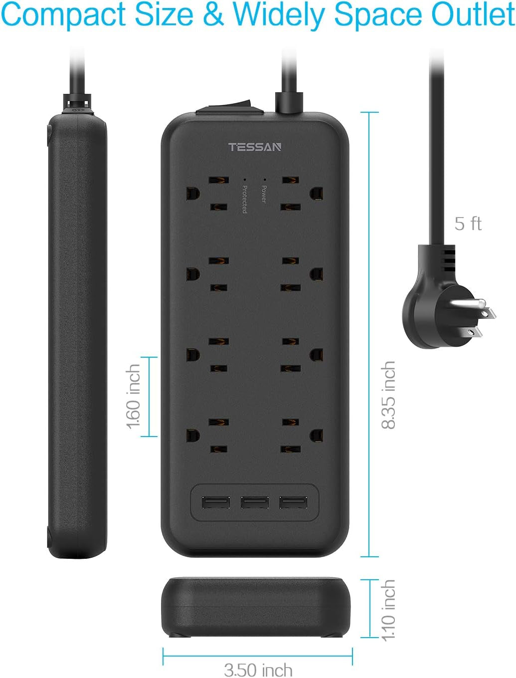 Surge Protector Power Strip,  8 Outlets and 3 USB Ports 5Ft Long Extension Cord Flat Plug, 1875W/15A, 1700 Joules, Wall Mountable for Home, Office, School and Dorm Room Essentials, Black