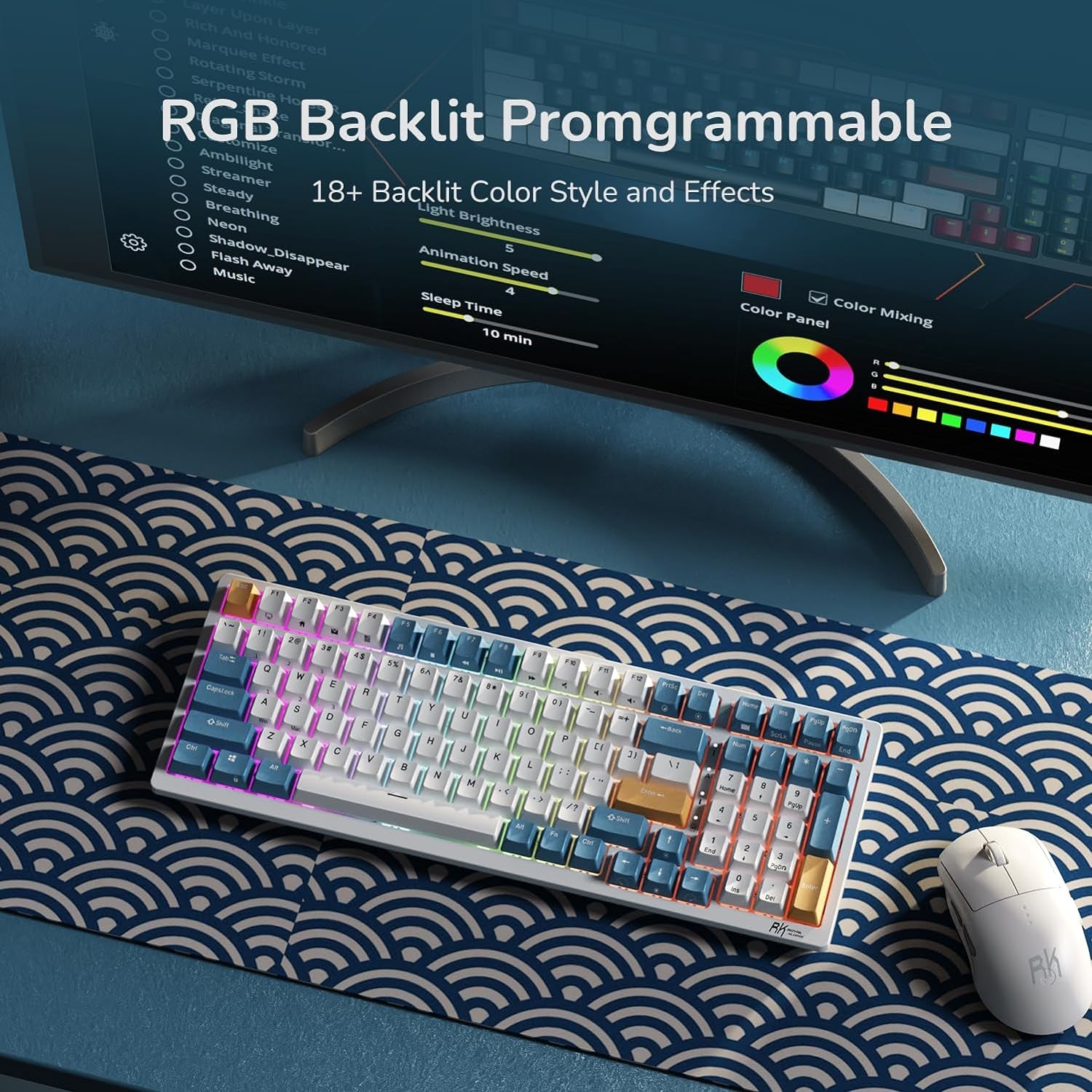 RK98 Wireless Mechanical Keyboard, Tri-Mode 2.4G/BT5.1/USB-C Hot Swappable Full Size Keyboard, RGB Backlit Gaming Keyboard, Massive Battery Software Support, Brown Switch