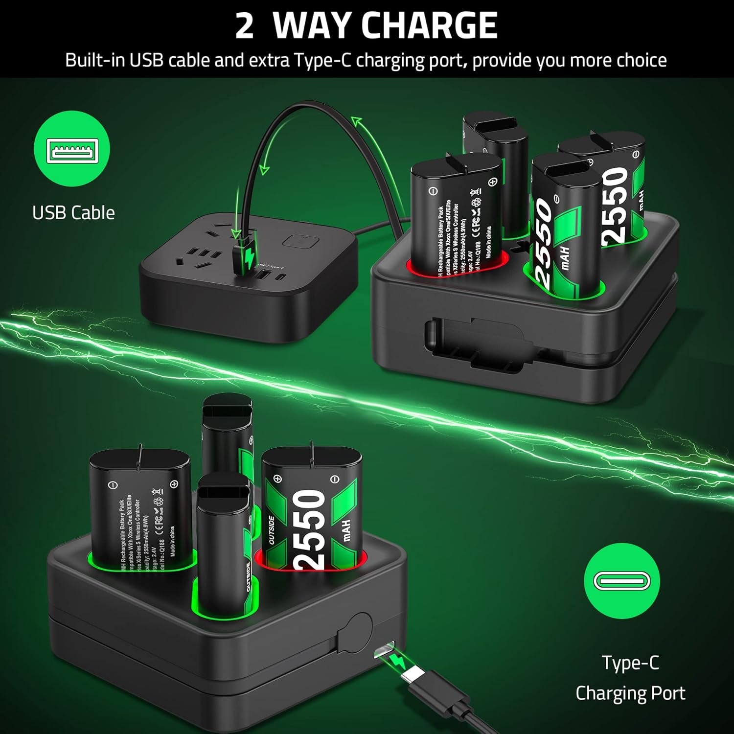 Charger for X-1 Controller Battery Pack, 4X 2550Mah X-1 Rechargeable Battery Packs Charging Station, X-1 Battery Charger Accessories Kit for X-1/Series X|S/One S|X/One Elite Controllers
